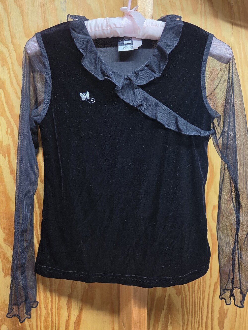 In Design Girls Vintage Y2K Black Velour & Sheer Mesh Butterfly Blouse Size 14/1